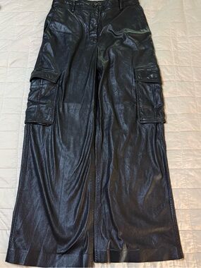 Black Faux Leather Cargo Pants - Wide Leg
